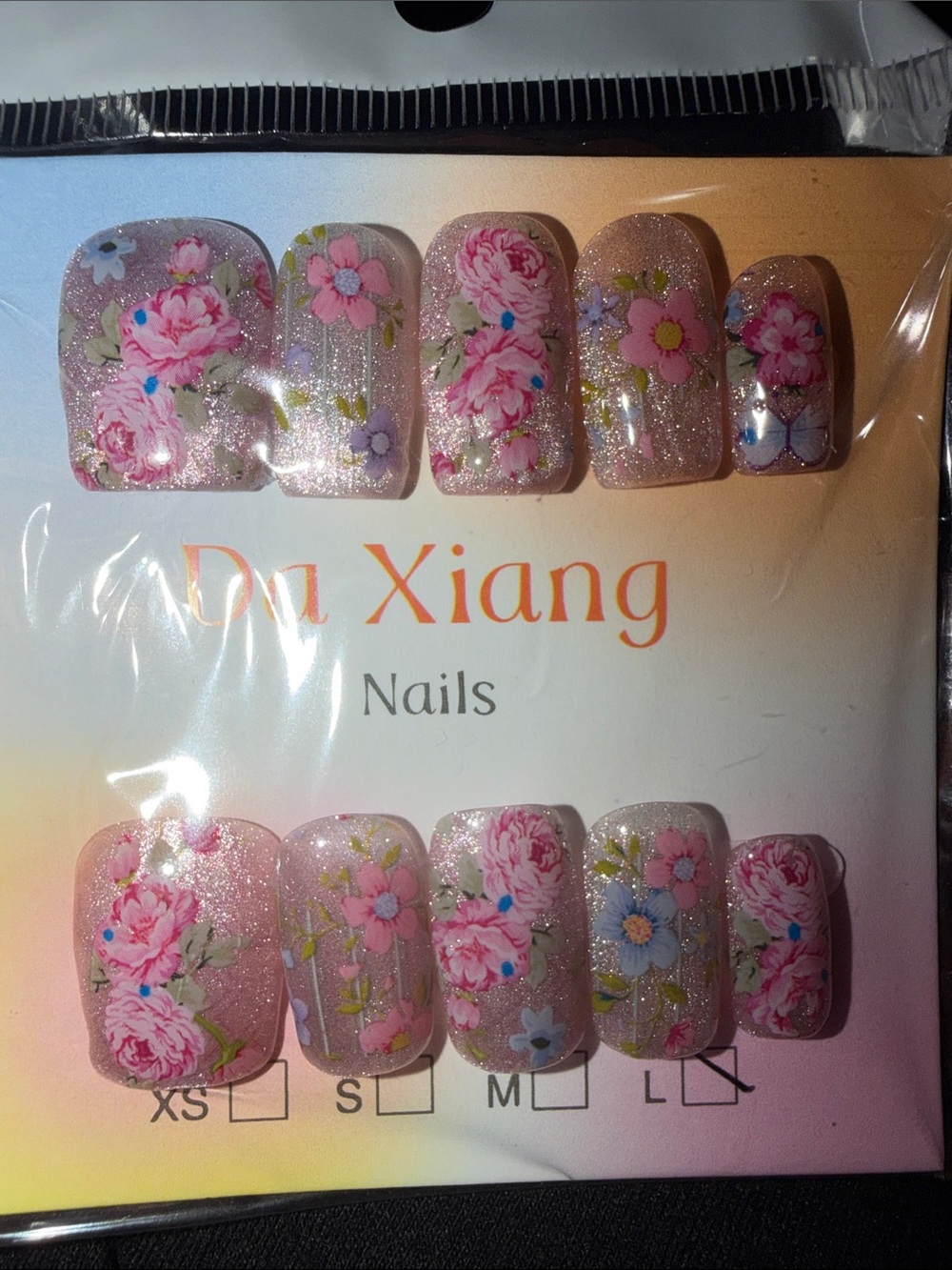 Floral Glitter Press-On Nail Set - Pink Roses
